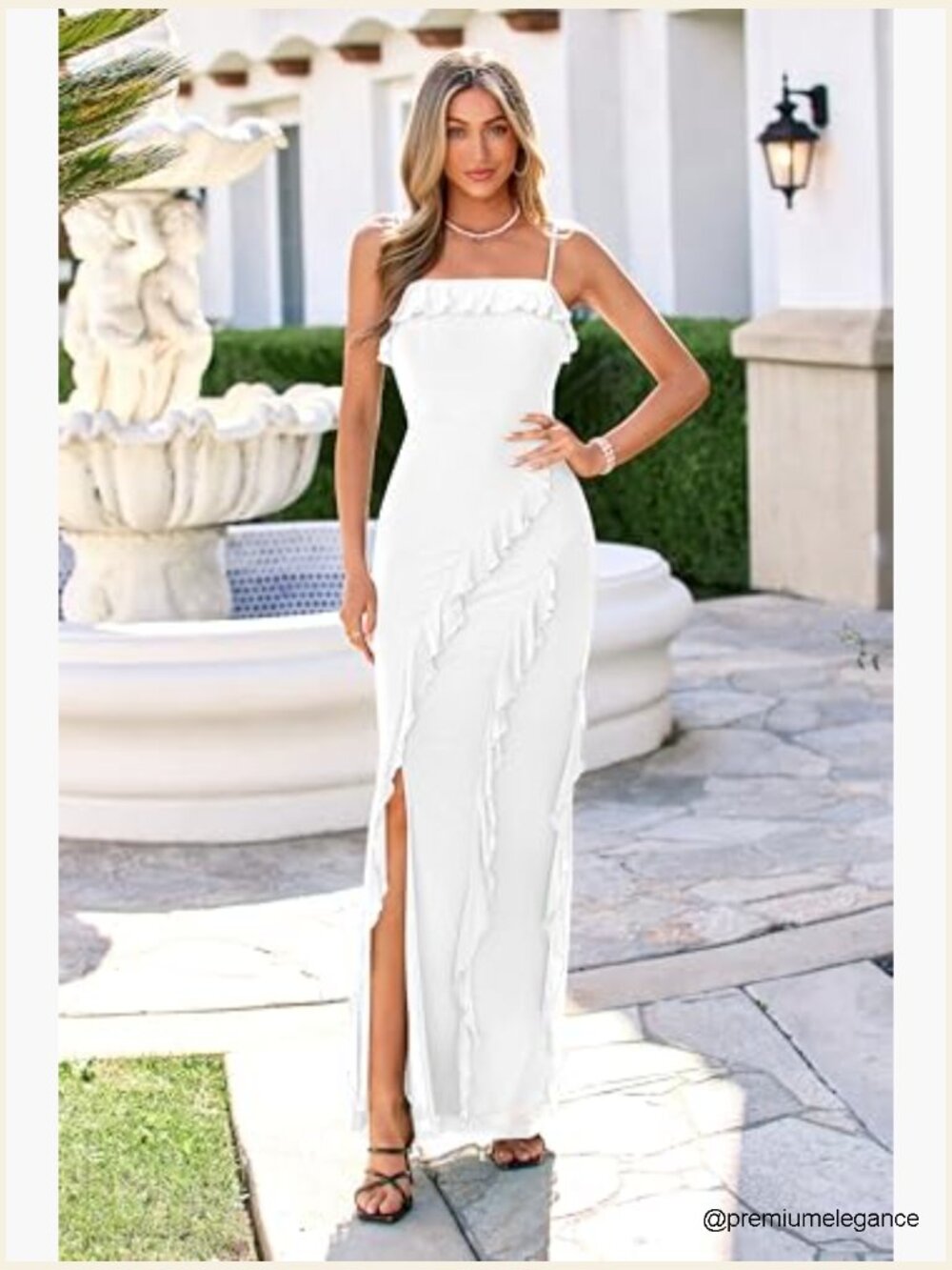 Bodycon Maxi Dress Mesh Ruffle Spaghetti Strap Square Neck Formal Cocktail - Picture 4 of 7
